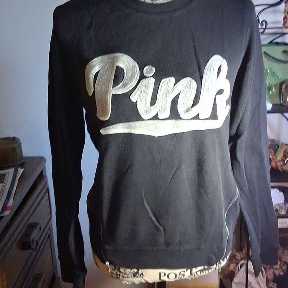 PINK VICTORIA'S SECRET Black Long Sleeve SweatShirt Pink Logo & Side Zip Small - Picture 1 of 10